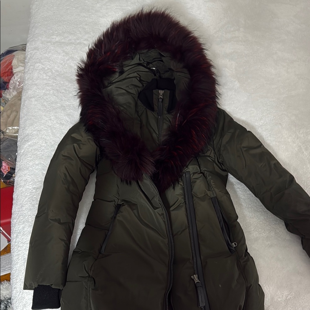 Mackage Dark Green Puffer Jacket with Faux Fur Hood